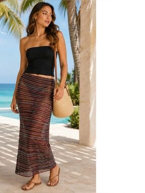 NWT Womens Knit Stripe Maxi Skirt Beach Cover Up Resort Boho Size M